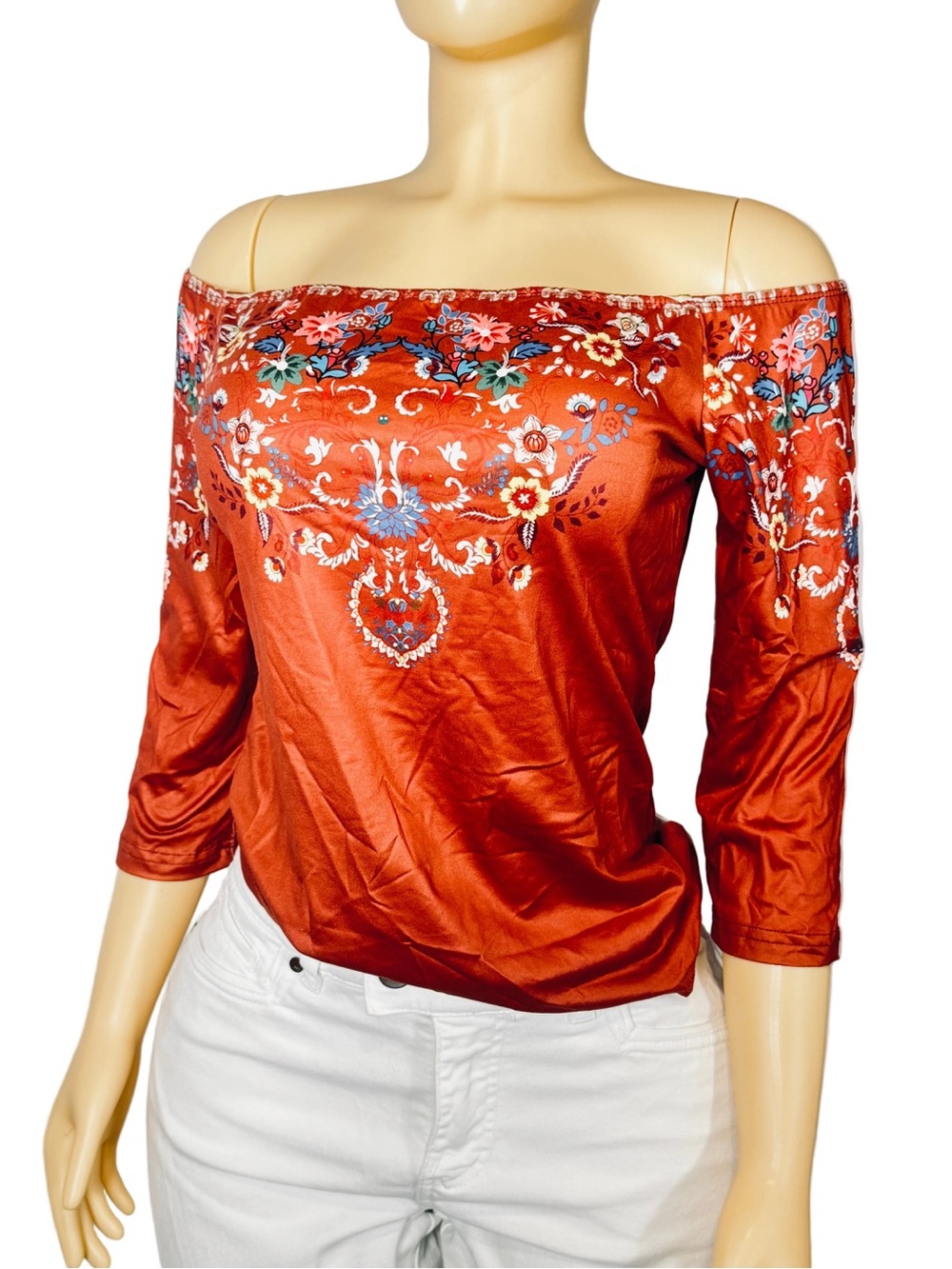 Women's Orange Multicolor Floral Off Shoulder 3/4 Sleeve Blouse L Pre-Owned